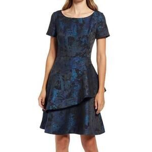 Shani Dress Jacquard Short Sleeve Asymmetric Tiered Fit & Flare Mini Blue NWT 16